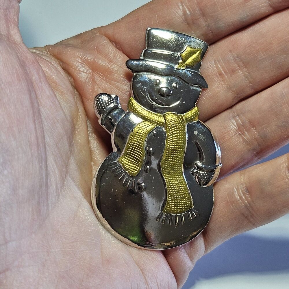 Vintage Hallmark Christmas Snowman Silver Gold Tone Metal Pin Brooch